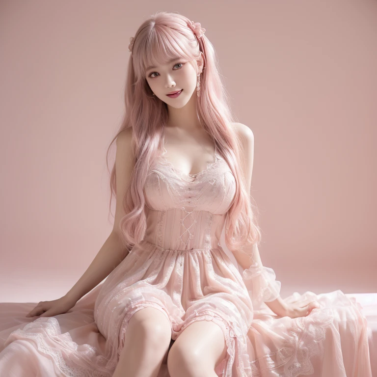 ((extra detailed body、extra detailed face、best quality:1.2) 2 girls, looking at the viewers、(Pink-beige hair color、silky fabric, laces, pink classic dress、a kind smile、Fancy accessories)、(simple red background), warm spotlight, huge breasts, perfect body anatomy, safe for work)