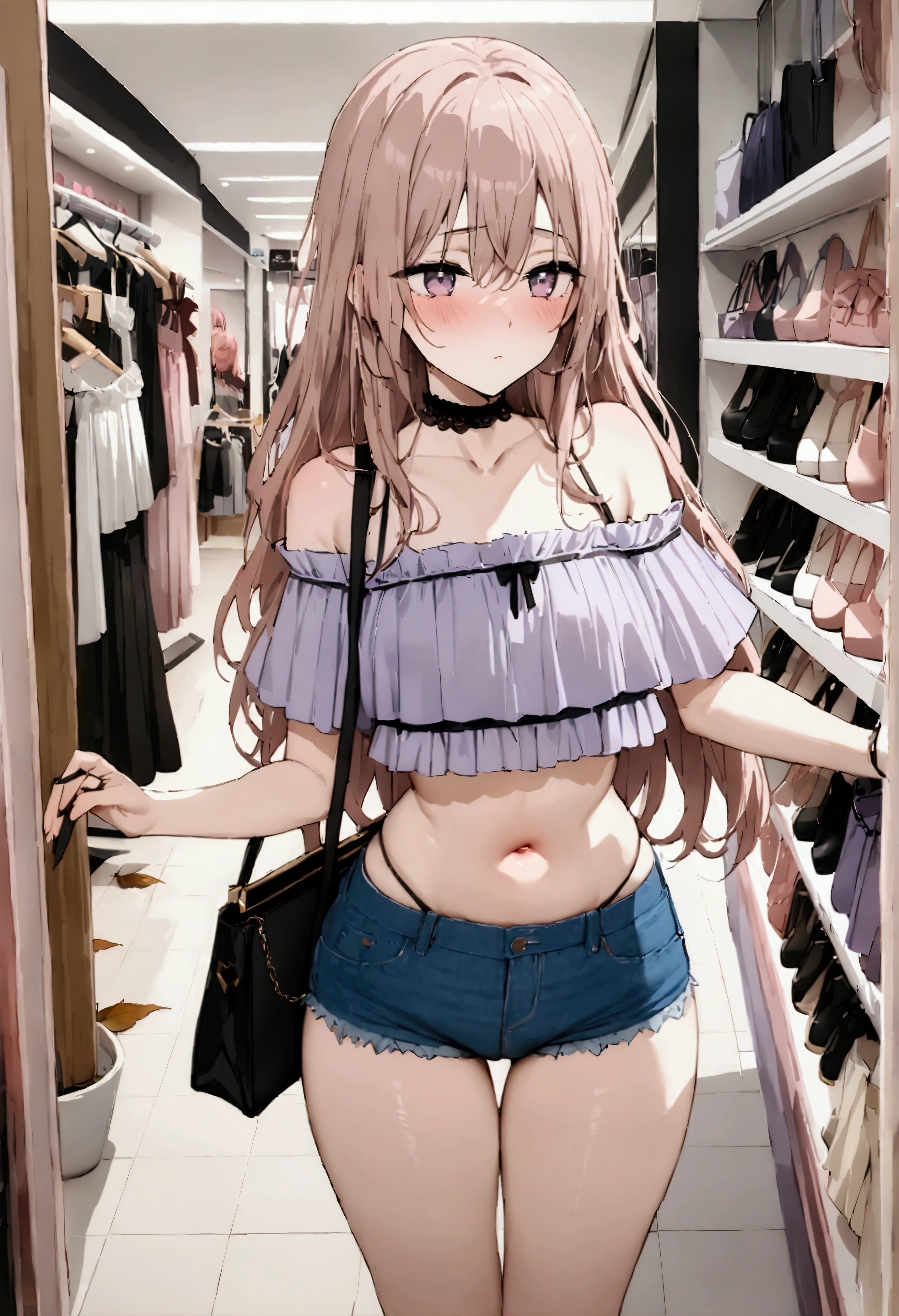 NSFW,masterpiece,Highest quality,High resolution,Very detailed,Dried gauze leaves\(The Doll Falls in Love),Pink Hair、Long Hair、Lavender eyes,Frilled shirt,Off the shoulder,Denim shorts,High-leg denim,Heeled Sandals,Shoulder bag,Shopping mall,Lingerie Shop,Underwear section