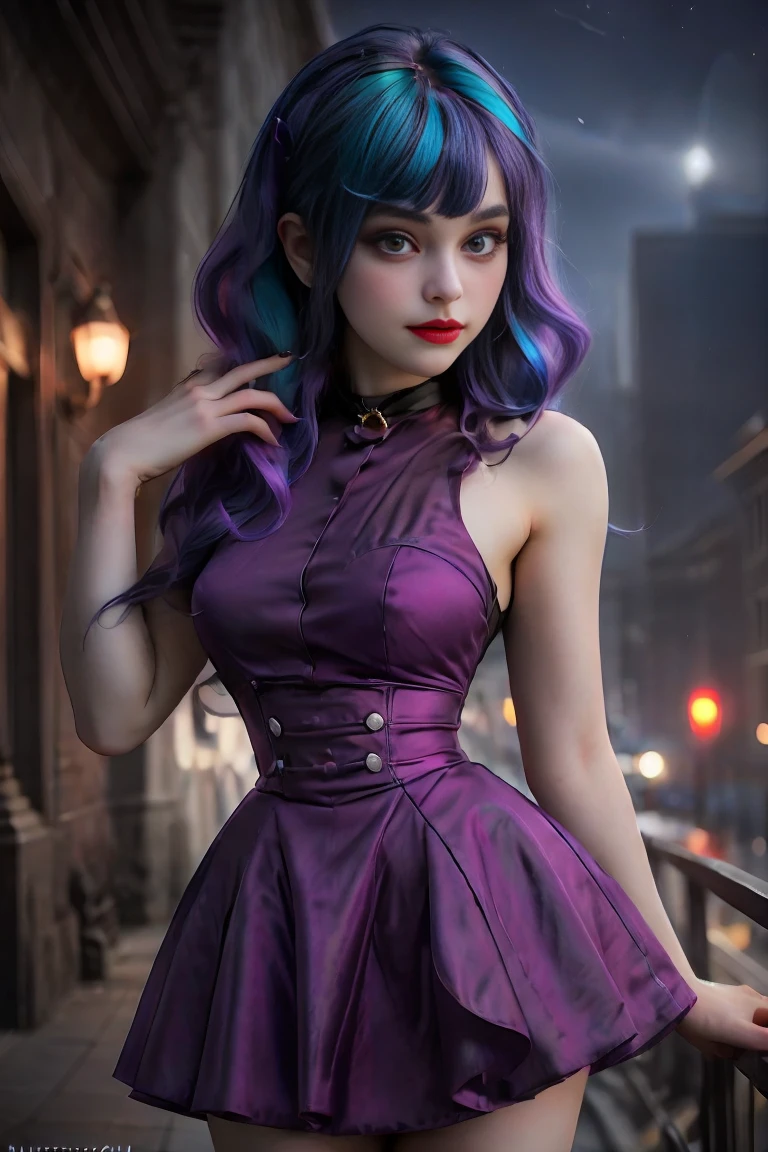 (masterpiece, The best quality:1.2), only, 1 girl , beautiful teenage girl , teenage model , Caucasian , mlp Sonata Dusk , big breasts ,smug smile , make-up , Red lips  , purple rocker style purple dress , pink skirt , 19 years , beautiful teenage girl , Teenage model , purple eyes , store , outside is night , turquoise hair with purple highlights , turquoise hair  , Full body photo , Sonata Dusk , happiness