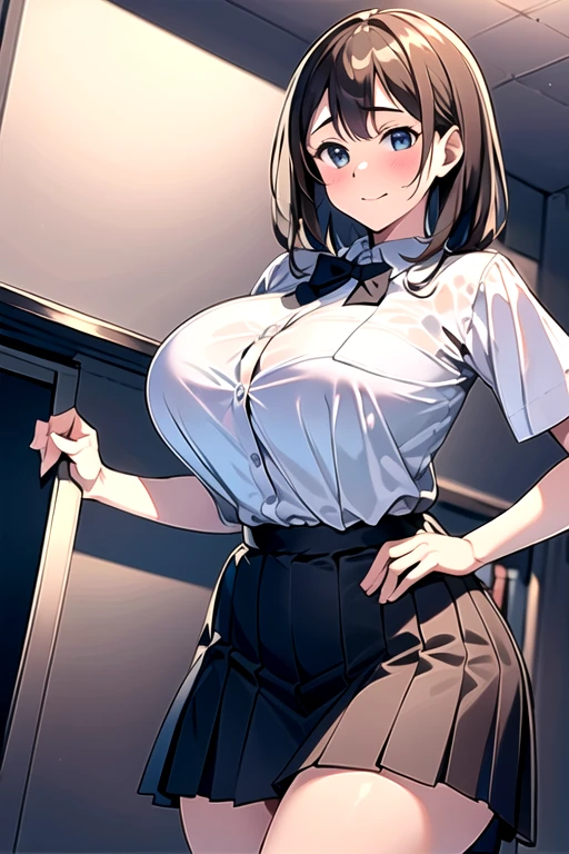 (best quality), (masterpiece), 1 girl, early 20's, huge heavy breasts, thick, thick lips, wide hips, thin waist, boob tent, black skirt, white button up shirt, office