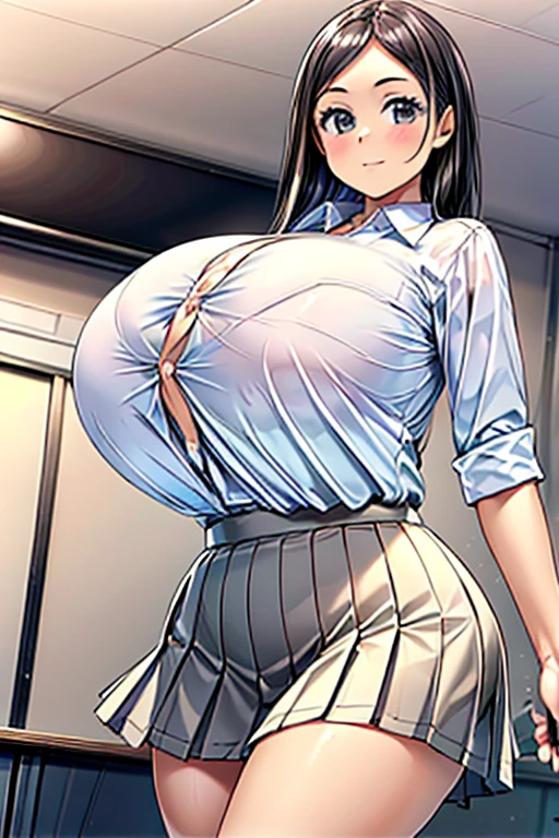 (best quality), (masterpiece), 1 girl, early 20's, huge heavy breasts, thick, thick lips, wide hips, thin waist, boob tent, black skirt, white button up shirt, office