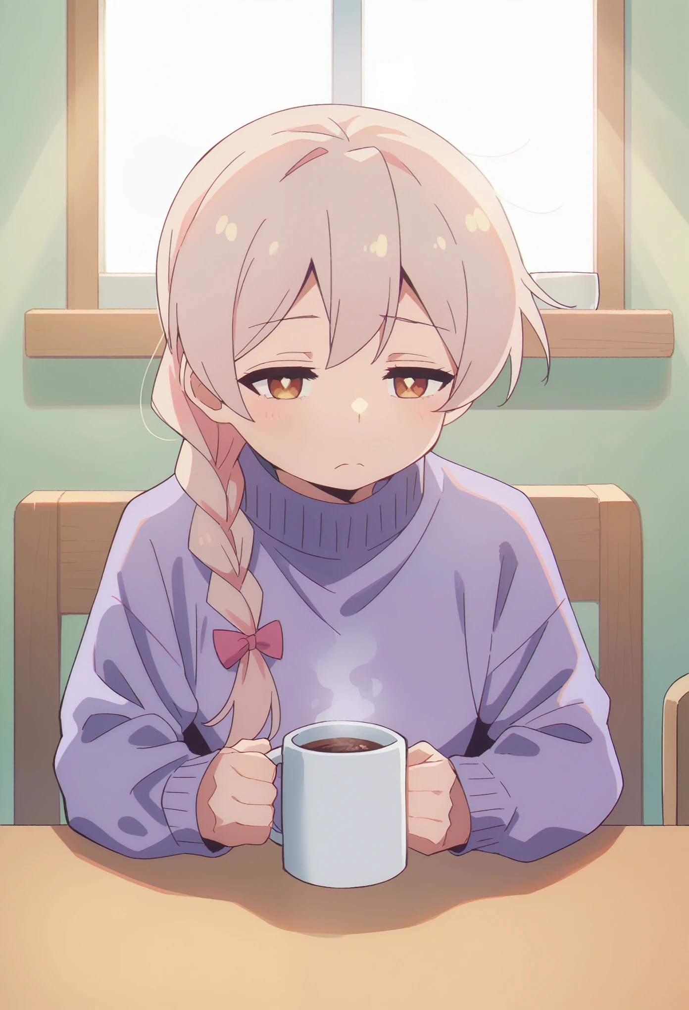 Anime girl with pink hair sitting at a table with a cup of coffee ...