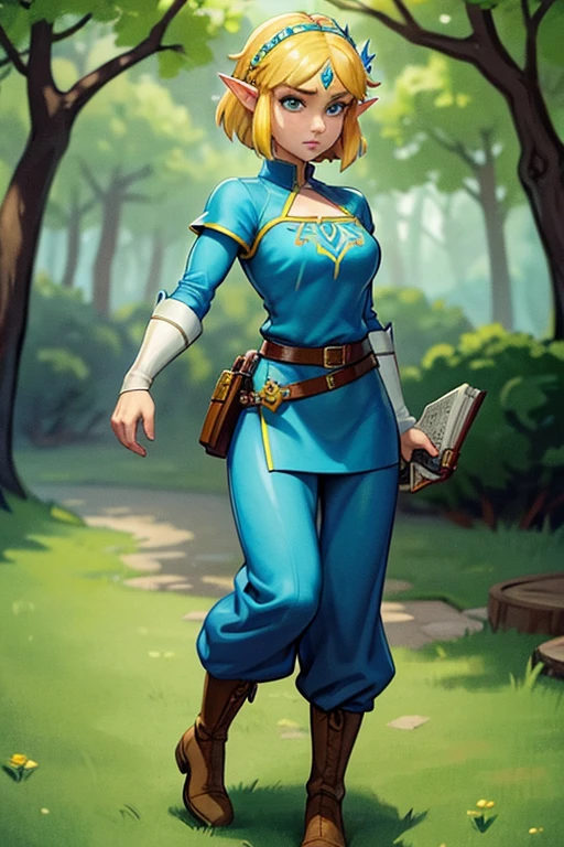 princess zelda, 1 girl, artist request, belt, blonde hair, blue shirt, book, boots, deadpan, full body, green eyes, high resolution, looking at viewer, magic, nintendo, pants, pointy ears, shirt, short hair, simple background, solo, the legend of zelda, the legend of zelda: breath of the wild, the legend of zelda: tears of the kingdom, light flower, magic