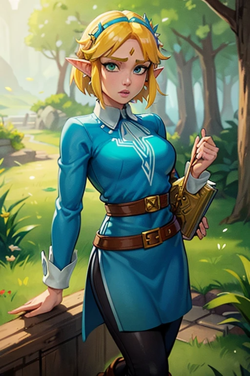 princess zelda, 1 girl, artist request, belt, blonde hair, blue shirt, book, boots, deadpan, full body, green eyes, high resolution, looking at viewer, magic, nintendo, pants, pointy ears, shirt, short hair, simple background, solo, the legend of zelda, the legend of zelda: breath of the wild, the legend of zelda: tears of the kingdom, light flower, magic