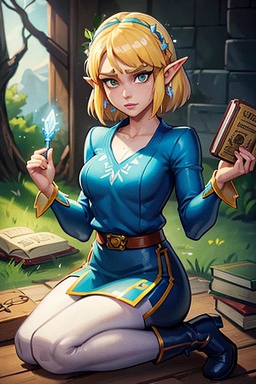 princess zelda, 1 girl, artist request, belt, blonde hair, blue shirt, book, boots, deadpan, full body, green eyes, high resolution, looking at viewer, magic, nintendo, pants, pointy ears, shirt, short hair, simple background, solo, the legend of zelda, the legend of zelda: breath of the wild, the legend of zelda: tears of the kingdom, light flower, magic