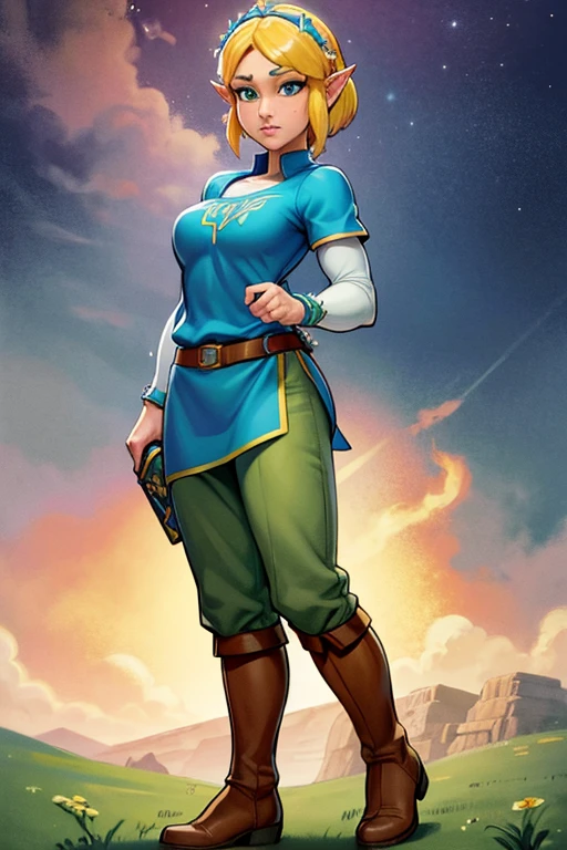 princess zelda, 1 girl, artist request, belt, blonde hair, blue shirt, book, boots, deadpan, full body, green eyes, high resolution, looking at viewer, magic, nintendo, pants, pointy ears, shirt, short hair, simple background, solo, the legend of zelda, the legend of zelda: breath of the wild, the legend of zelda: tears of the kingdom, light flower, magic