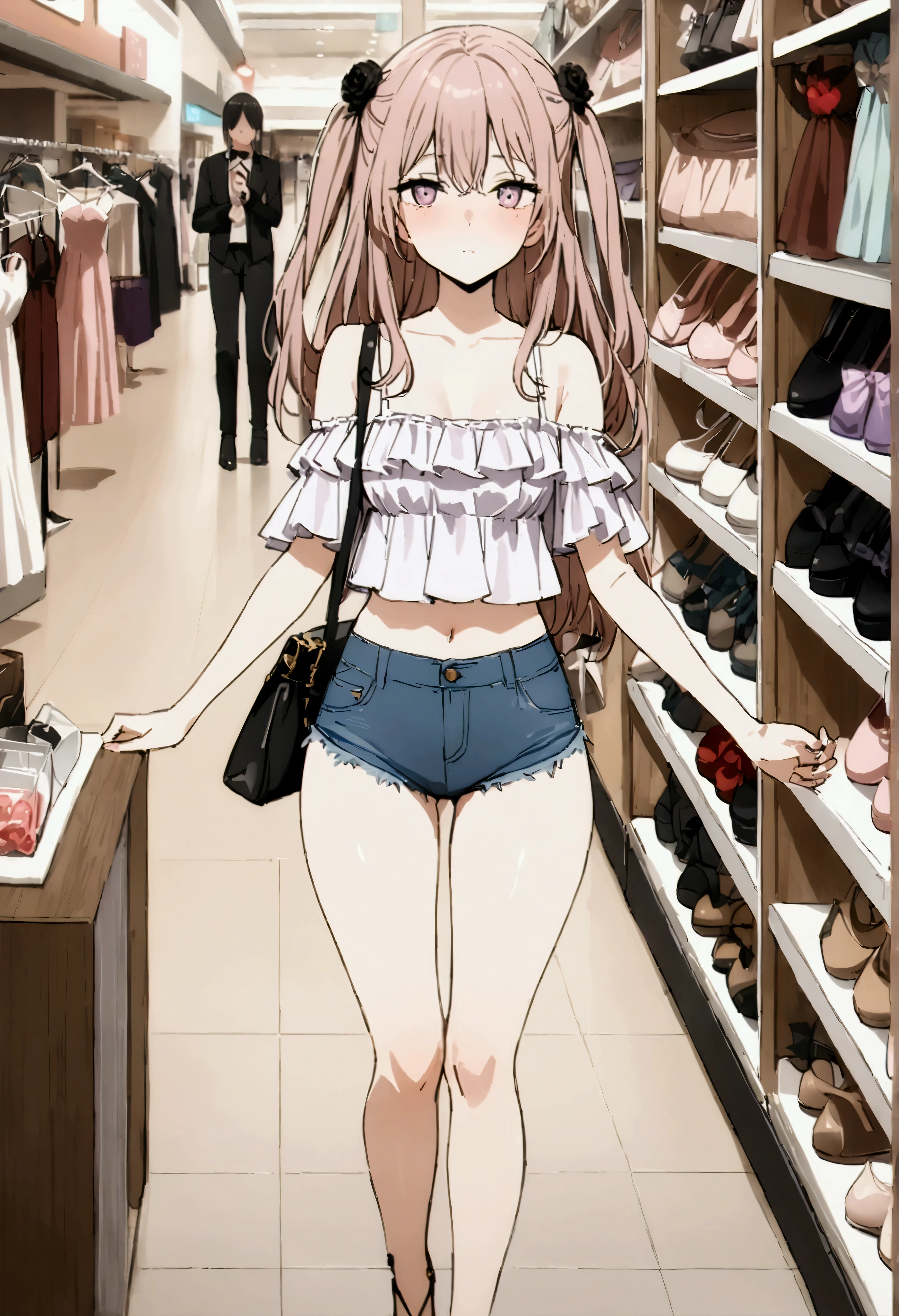 NSFW,masterpiece,Highest quality,High resolution,Very detailed,Dried gauze leaves\(The Doll Falls in Love),Pink Hair、Long Hair、Lavender eyes,Two Side Up、Hair Flowers、Black Rose,Frilled shirt,Off the shoulder,Denim shorts,High-leg denim,Heeled Sandals,Shoulder bag,Shopping mall,Lingerie Shop,Underwear section