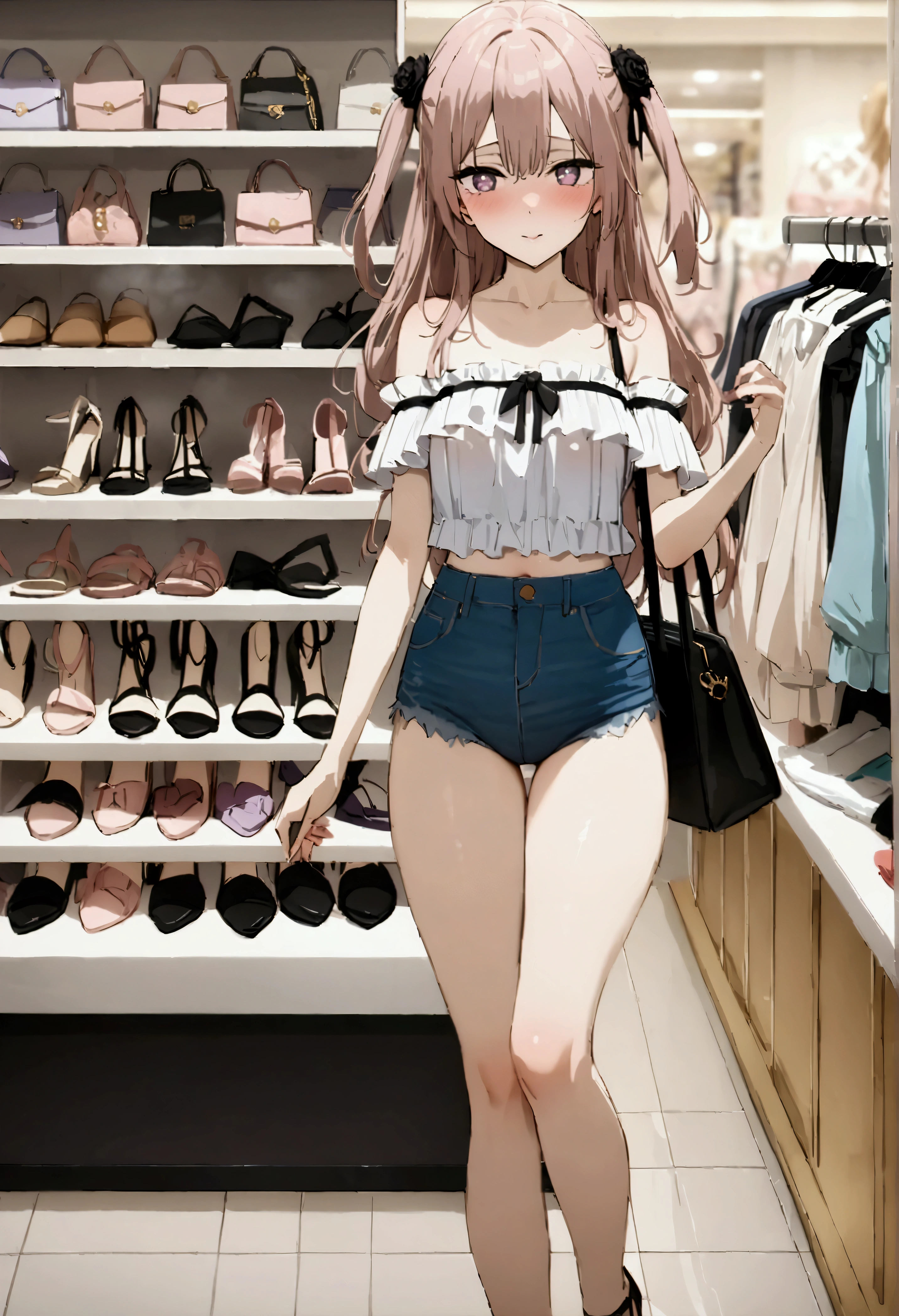 NSFW,masterpiece,Highest quality,High resolution,Very detailed,Dried gauze leaves\(The Doll Falls in Love),Pink Hair、Long Hair、Lavender eyes,Two Side Up、Hair Flowers、Black Rose,Frilled shirt,Off the shoulder,Denim shorts,High-leg denim,Heeled Sandals,Shoulder bag,Shopping mall,Lingerie Shop,Underwear section