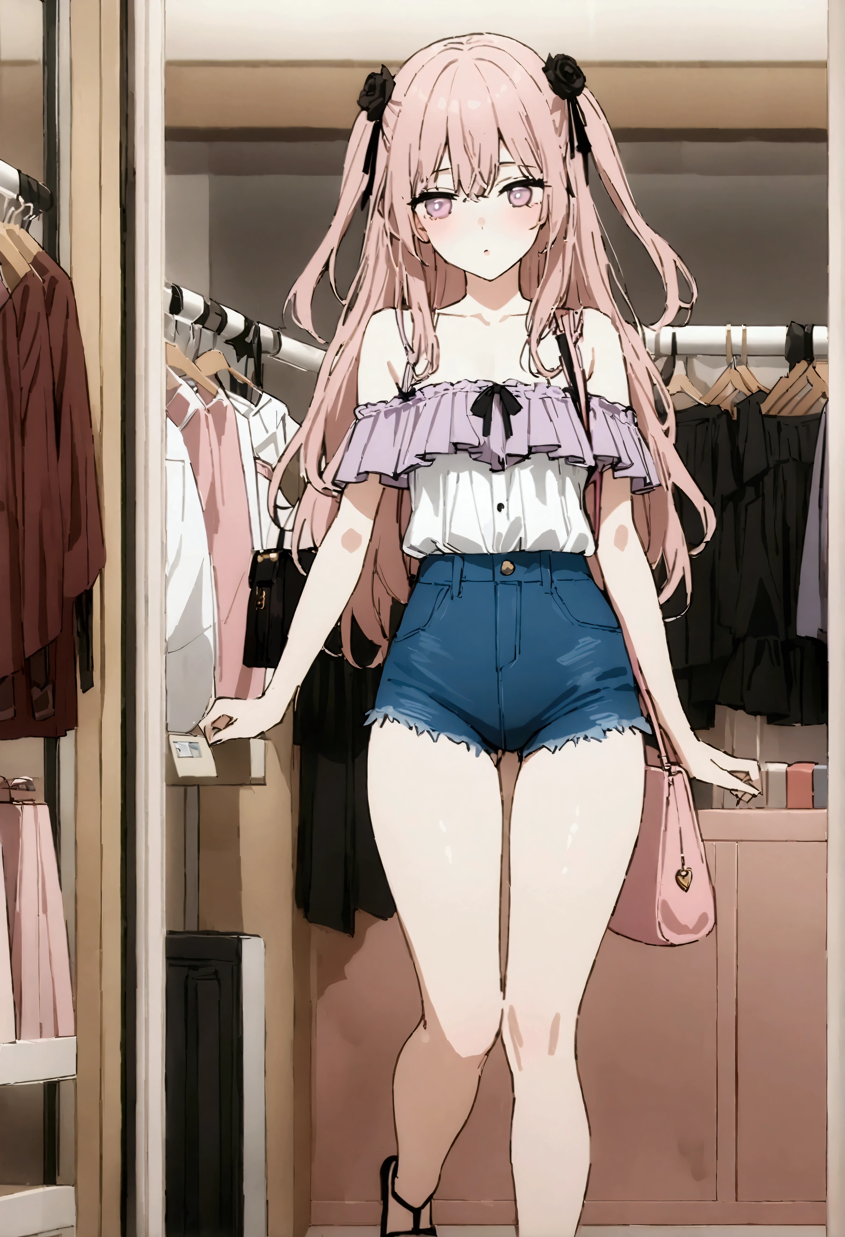 NSFW,masterpiece,Highest quality,High resolution,Very detailed,Dried gauze leaves\(The Doll Falls in Love),Pink Hair、Long Hair、Lavender eyes,Two Side Up、Hair Flowers、Black Rose,Frilled shirt,Off the shoulder,Denim shorts,High-leg denim,Heeled Sandals,Shoulder bag,Shopping mall,Lingerie Shop,Underwear section