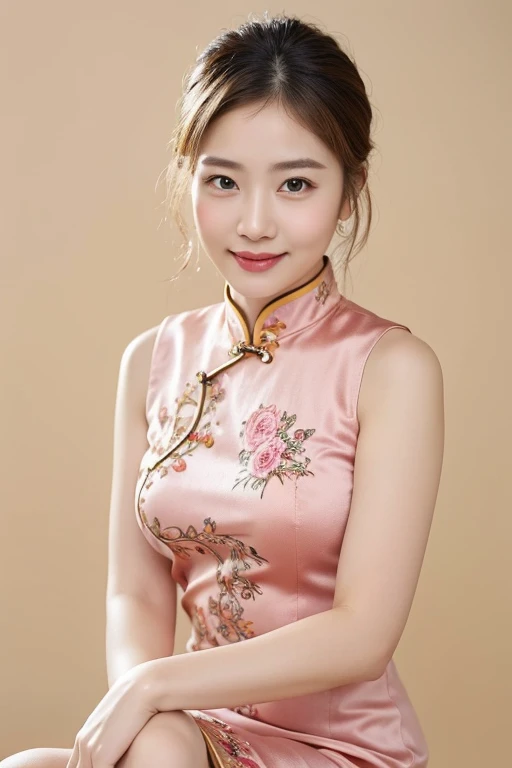 (extra detailed body,extra detailed face,best quality:1.2),1girl,looking at the viewer,pink-beige hair color, traditional red qipao, silky fabric, a kind smile,fancy accessories, simple yellow background,ultra-detailed,highly detailed,photorealistic,masterpiece,intricate details,vibrant colors,soft lighting,elegant,fashion portrait,beautiful woman, cowboy shot, head to knee)