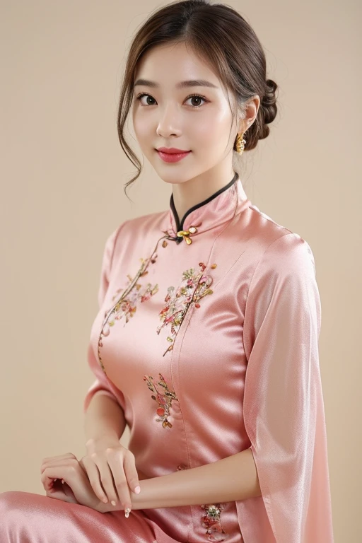 (extra detailed body,extra detailed face,best quality:1.2),1girl,looking at the viewer,pink-beige hair color, traditional red qipao, silky fabric, a kind smile,fancy accessories, simple yellow background,ultra-detailed,highly detailed,photorealistic,masterpiece,intricate details,vibrant colors,soft lighting,elegant,fashion portrait,beautiful woman, cowboy shot, head to knee)