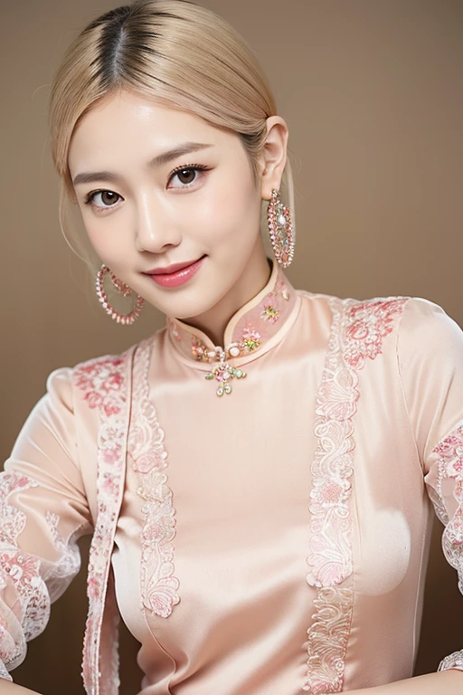 (extra detailed body,extra detailed face,best quality:1.2),1girl,looking at the viewer,pink-beige hair color, traditional red qipao, silky fabric, a kind smile,fancy accessories, simple yellow background,ultra-detailed,highly detailed,photorealistic,masterpiece,intricate details,vibrant colors,soft lighting,elegant,fashion portrait,beautiful woman, cowboy shot, head to knee)