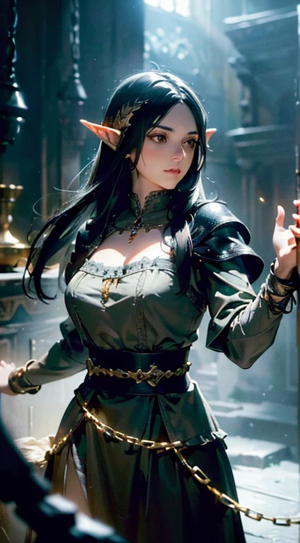 3d renders, octane renders, (unreal engine), fantasy settings, game character, concept art, close up, ((fantasy isekai world)), indoors, dungeon, ((holding sword)), layladef, laylarnd, elf ears, wearing leather armor
