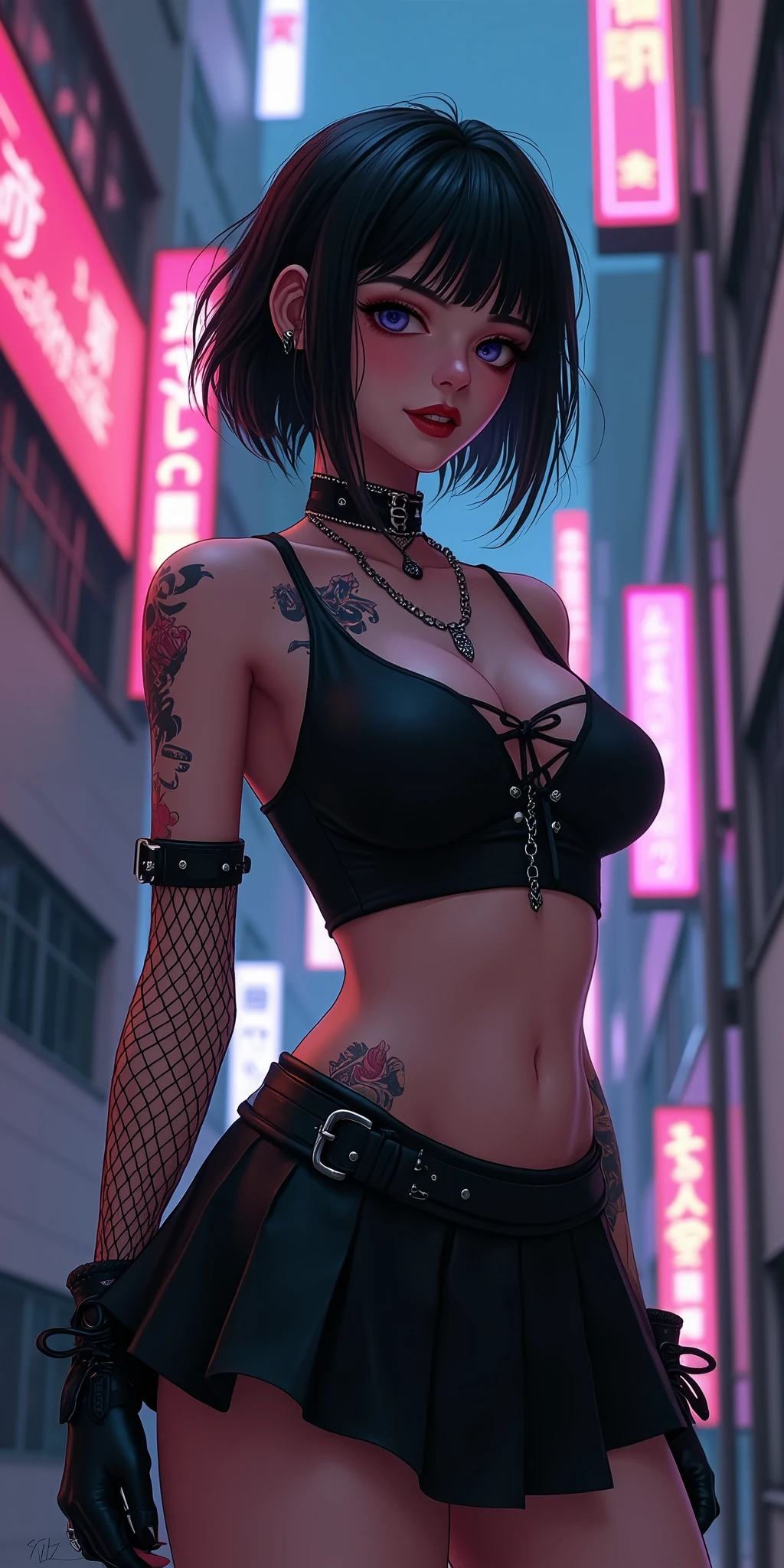 An anime character: Asian woman with oriental tattoos. Her hair is short and straight black.. She is wearing a black bra and technology on her body.. Ao fundo, a cyberpunk setting full of neons.