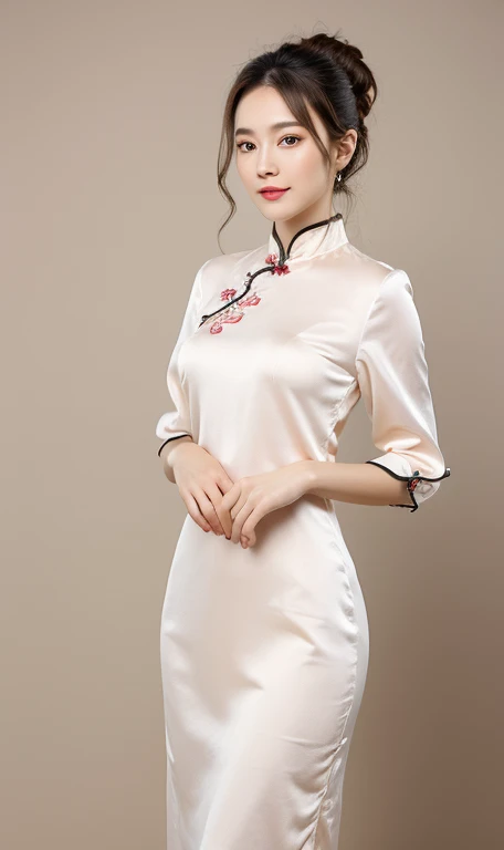 (extra detailed body,extra detailed face,best quality:1.2),1girl,looking at the viewer, legs crossed, natural poses, hands on hip, pink-beige hair color, traditional white qipao, silky fabric, a kind smile,fancy accessories, bob hair, ponytail , simple red background,ultra-detailed,highly detailed,photorealistic,masterpiece,intricate details,vibrant colors,soft lighting,elegant,fashion portrait,beautiful woman, huge breasts, perfect body anatomy, cowboy shot, head to knee)