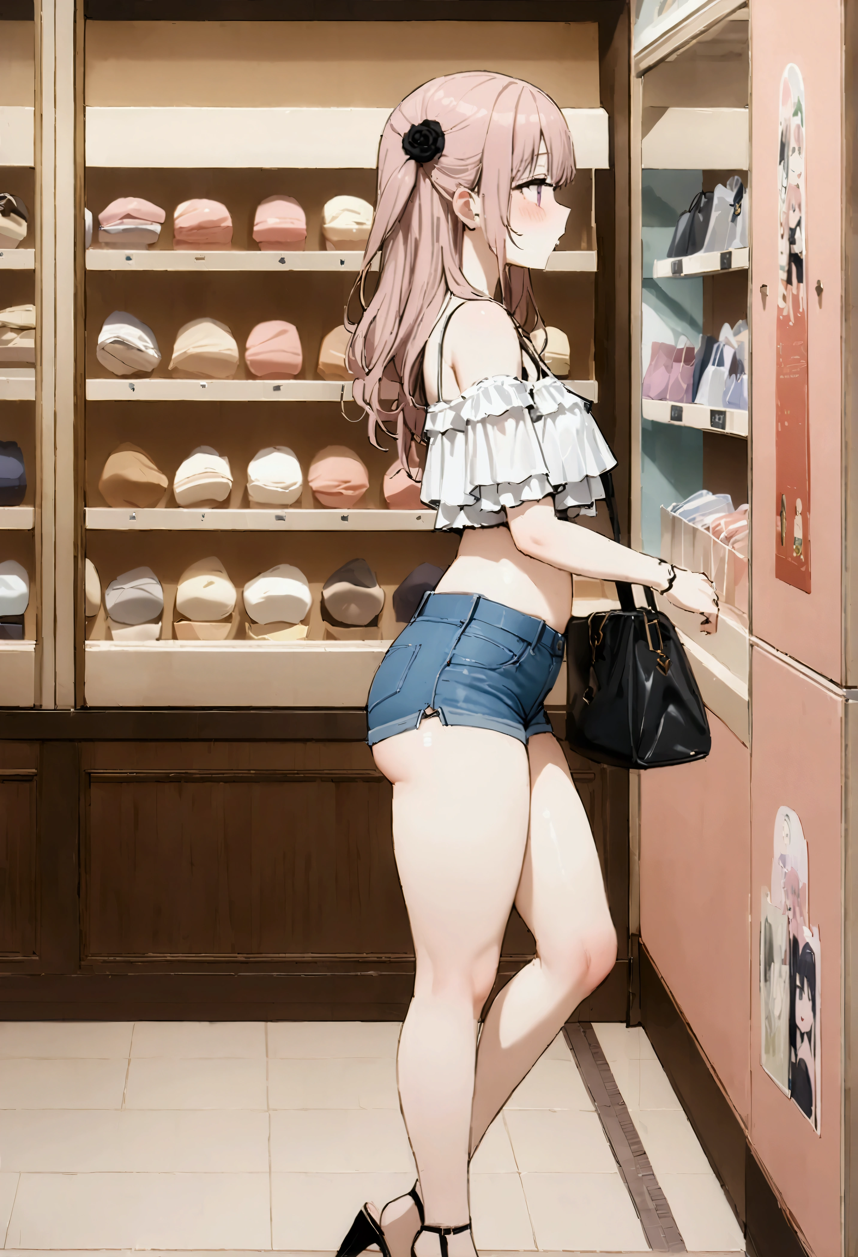 NSFW,masterpiece,Highest quality,High resolution,Very detailed,Dried gauze leaves\(The Doll Falls in Love),Pink Hair、Long Hair、Lavender eyes,Two Side Up、Hair Flowers、Black Rose,Frilled shirt,Off the shoulder,Denim shorts,High-leg denim,Heeled Sandals,Shoulder bag,Shopping mall,Lingerie Shop,Underwear section,From the side