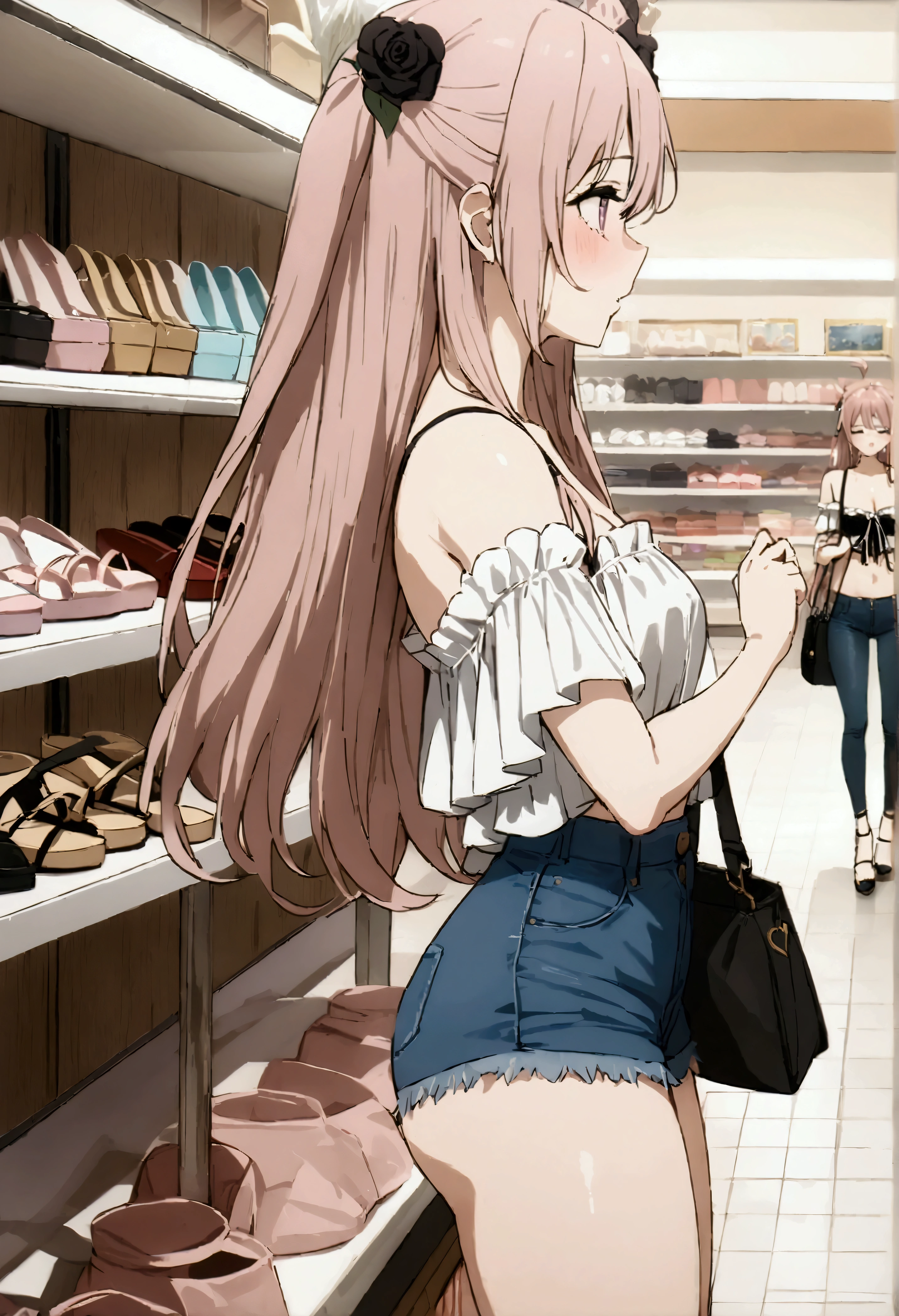 NSFW,masterpiece,Highest quality,High resolution,Very detailed,Dried gauze leaves\(The Doll Falls in Love),Pink Hair、Long Hair、Lavender eyes,Two Side Up、Hair Flowers、Black Rose,Frilled shirt,Off the shoulder,Denim shorts,High-leg denim,Heeled Sandals,Shoulder bag,Shopping mall,Lingerie Shop,Underwear section,From the side