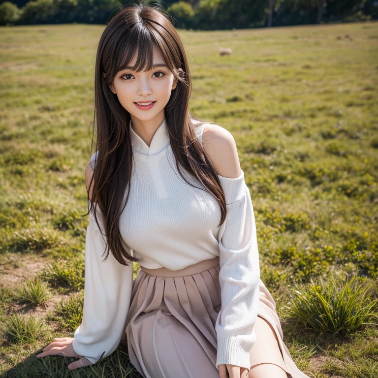 long skirt,skirt, white skirt, (knee shot), 1 woman, On the face, light brown hair, blunt bangs, hair behind ears, Hair over the shoulders, long hair, Slender body type, Super thin face, face slimming, delicate lips, beautiful eyes, Thin blush, Eyes are light brown,Check it out here, (realistic:1.3), in the coniferous forest, One person's perspective, 8k, Super detailed, high quality, best quality, High resolution,(masterpiece))、(top quality)、8k、high detail、Super detailed，31 years old female，Seductive and whimsical style、masterpiece、born、Scenes resembling fairy tale illustrations、Intricate details and complex designs、Beautifully、magic、capricious、 Beautifully、Dream aesthetics、「𝓡𝓸𝓶𝓪𝓷𝓽𝓲𝓬、ethereal、charming、fickle、magic」、Realism、Visual effects、FXAA、SSAO、Shaders、voiceless、ambient lighting、Tone mapping、High resolution、Ultra high quality、Million pixels、(8k resolution:1.10)、8k、Below 8K、8k resolution、high detail、intricate details， (high quality:1.2、masterpiece:1.2、:1.21)、(31 years old female:1.21)、(Smile excitedly)、(full-body shot，Normal 2 feet，Put your hands behind you，The protrusion of the breast is visible when wearing clothes, Large Breasts, H cup chest, off-shoulder clothes