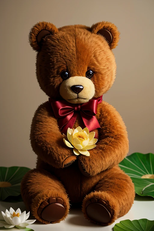 A  Teddy Bear holding a Lotus flower, stuffed teddy bear, small teddy bear, small stuffed bear, plush bear, masterpiece, best quality) ,