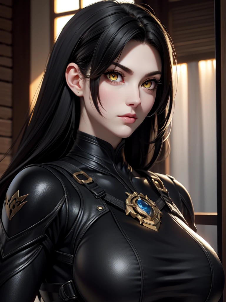 black armor knight, pale, woman, long straight black hair, blue eyes, black armor, detailed background, adult