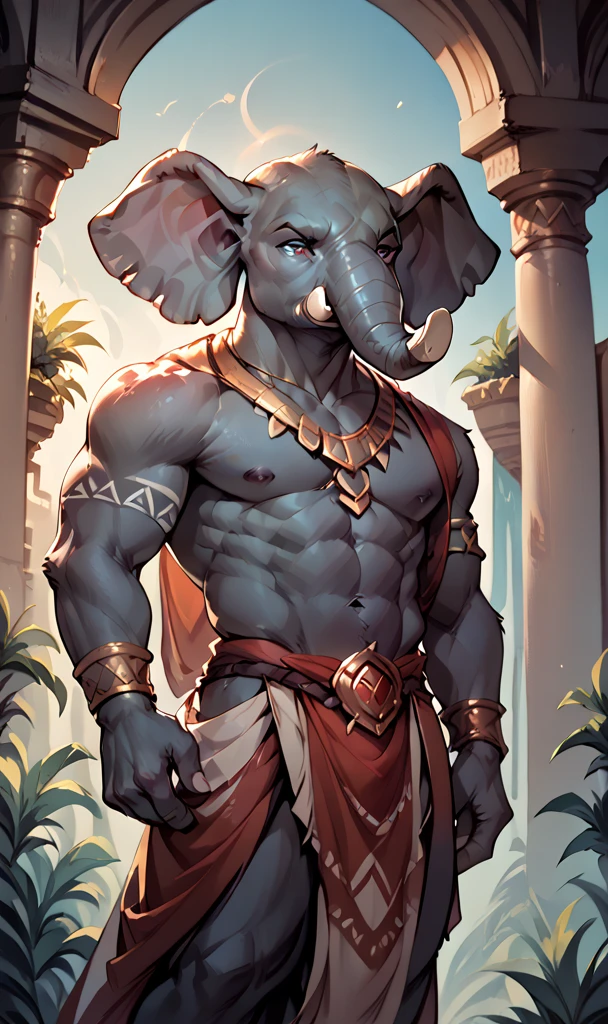 anthropomorphic, (elephant), male, beautiful, attractive, tribal clothing, shapely body, fur, large, sensual, attentive eyes, (serious expression), appropriate scenery, (great lighting), (masterpiece), (best quality), (random view)