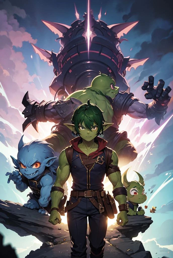 A close-up of a cartoon character with a green face, muscular goblin, orc, drak fantasy goblin, orc theme, an orc, an elven man, a male elf, half orc, elfpunk, male demon hybrid djinn man, ogre, muscular, green, slim but muscular body type, anime style, masterpiece, 8k, best quality