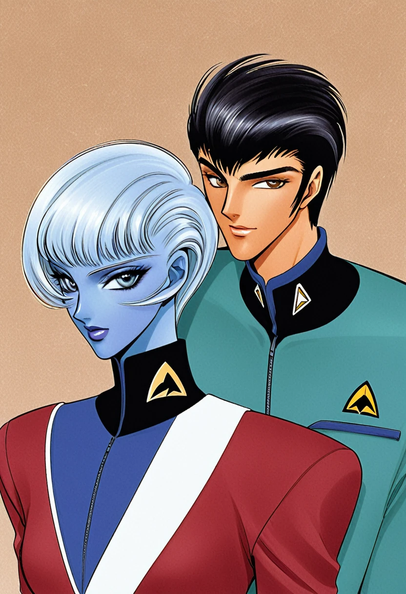 light ice blue skin colored complexions skin tones shadesStar trek Andorian couples with blue stalk antennaa on their heads males femalesHumanoid nearhuman looks features modellike versions of thems hort withe feathery hair short bobbed like cuts