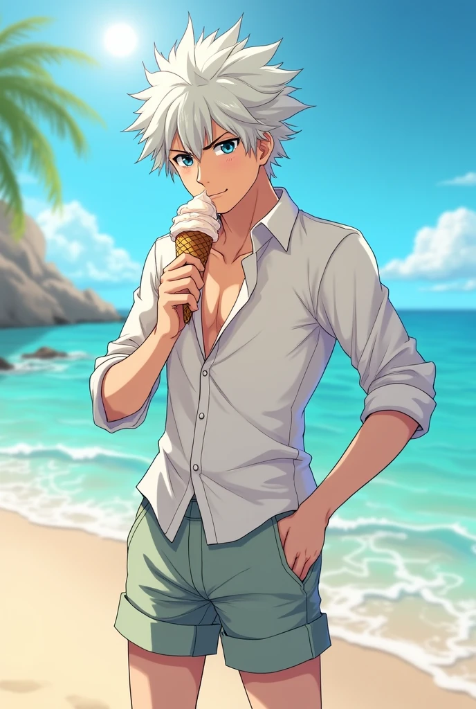 A young white haired man with red eyes in a swim trunks is smiling with an ice cream cone at the beach