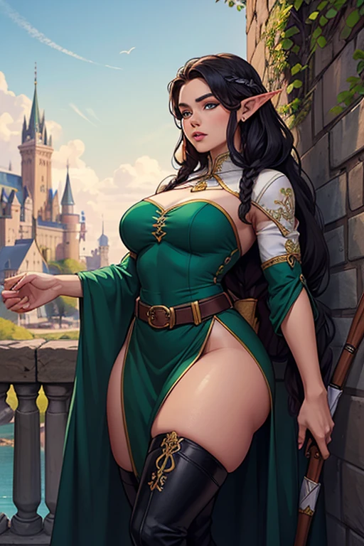 Mulher de cabelo curto e preto, olhos verdes, mid chest, sexy, curvas apontadas, Corpo sensual, roupa da pano, medieval setting, imagem HD, Imagem limpa, Imagem 4k, alta resolução, obra prima, manga art