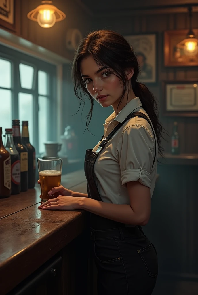 Highly detailed, High Quality, Masterpiece, beautiful,  1girl, solo, full body, <lora:Lydia-08:0.8>>, Lydia, <lora:more_details:1>,  sitting, old_restaurant, cup, drinking_beer
