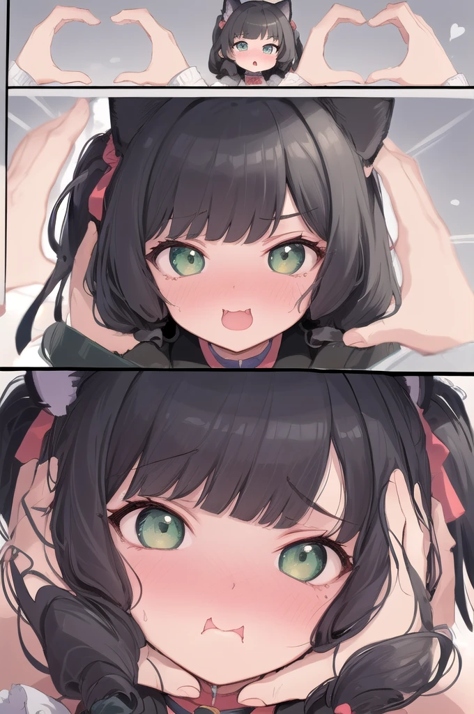 (masterpiece, highres, best quality:1.2), IncrsSnootChallenge, comic, 3koma, ADDBASE :o , karyl, low twintails, cat ears, hair bow, bangs, green eyes BREAK smiling, excited, karyl, low twintails, cat ears, hair bow, bangs, green eyes, BREAK (pov hands:1.4),(puffy cheeks, pout, pouting:1.3), (blush:1.2), mad, karyl, low twintails, cat ears, hair bow, bangs, green eyes, bare shoulders, brooch, hands on another's face