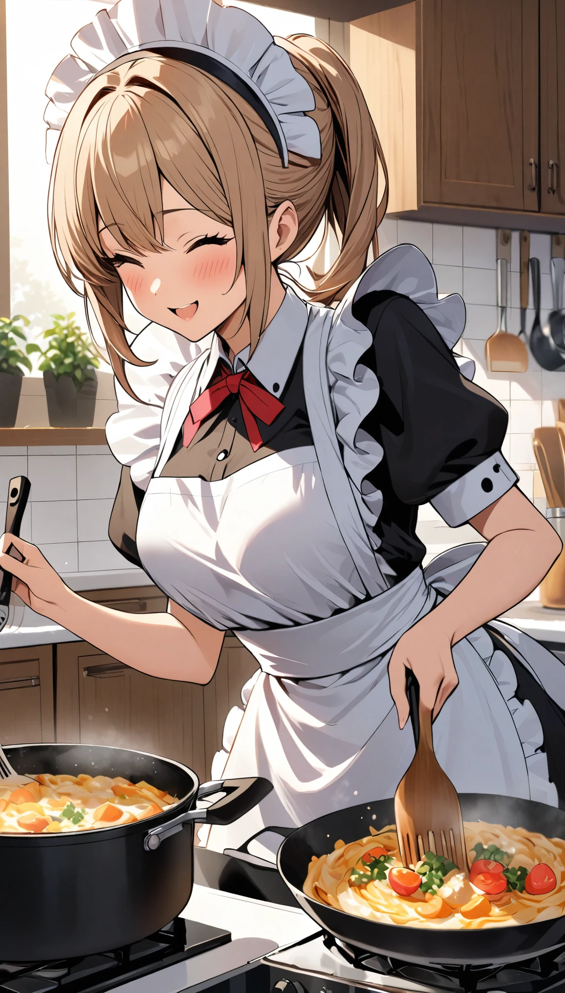 A maid girl happily humming as she cooks