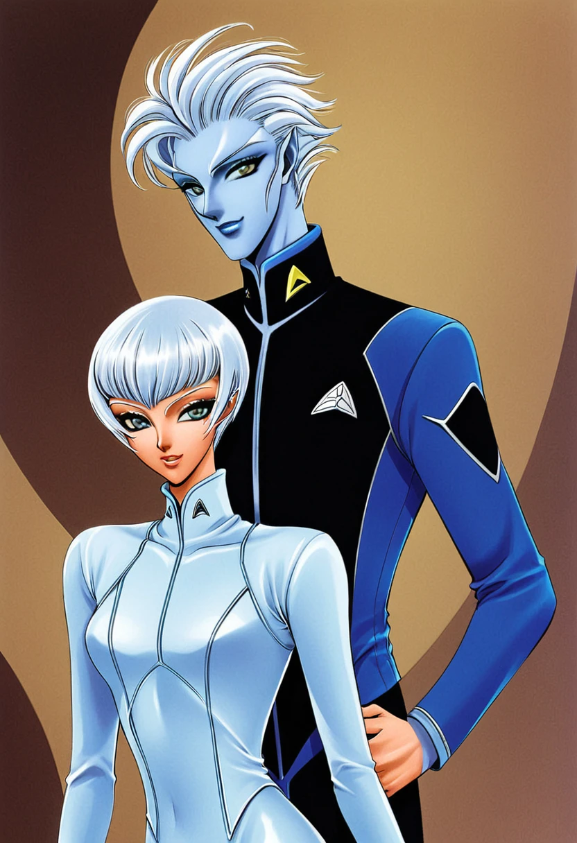 light ice blue skin colored complexions skin tones shadesStar trek Andorian couples with blue stalk antennaa on their heads males femalesHumanoid nearhuman looks features modellike versions of thems hort withe feathery hair short bobbed like cuts light blue skin color both males and females