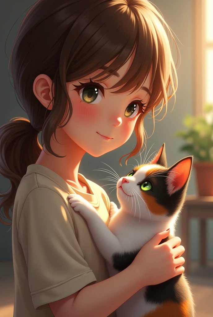 Evoke compassion and heroism in a captivating image featuring a beautiful girl rescuing a baby cat trapped in wrapped wire. Illustrate the girl's tender care and determination as she delicately frees the distressed feline, portraying their emotional connection and the triumph of compassion over adversity