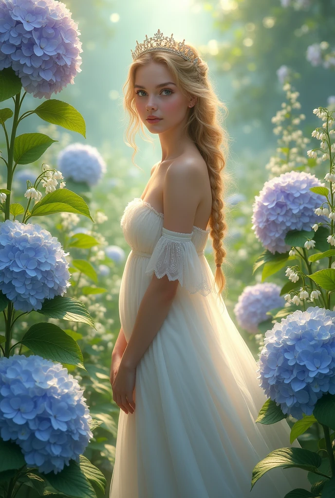 26 year old woman, beautiful as Melissa Benoist, pregnant, with the appearance of being accomplished, very long blonde hair, greeneyes. Simple white wedding dress, position as if you were in a photo shoot 
