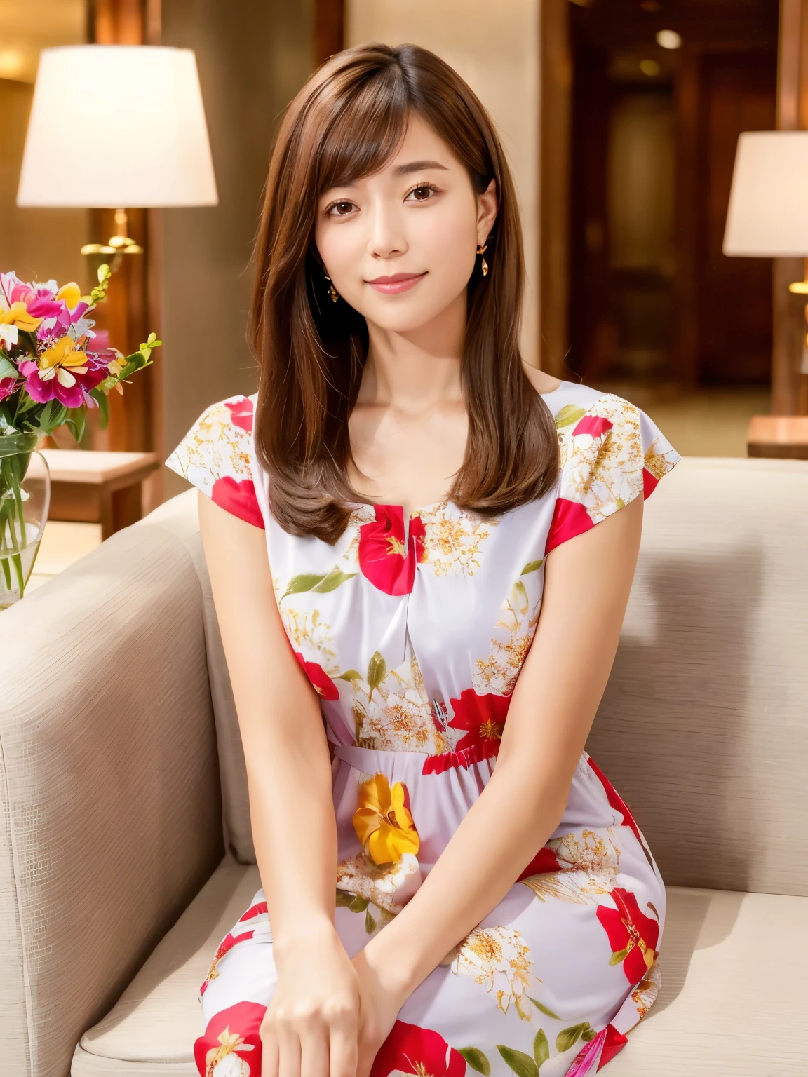 Highest quality, masterpiece, High resolution, Realistic, RAW Photos, 8k wallpaper, perfection, Professional Lighting, Very detailed, Written boundary depth, ((One beautiful woman)), ((Sexy 40 year old women)), (In the hotel lobby), ((Brightly colored floral dress)), ((Looking into the camera)), Detailed face, Beautiful Eyes, (Sit with the correct posture), (Sit facing forward), Shapely breasts, (Sexy Looks), Light brown straight hair, ((symmetrical hair length)), (Thick lips), ((Place your arms between your legs))