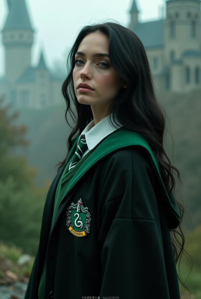 there is a young woman dressed in a green uniform and a green tie, in hogwarts, similar to malfoy, a hyperrealistic schoolgirl, magic school uniform, in the art style of bowater, she has black hair, fan art, hyperrealistic schoolgirl, wearing hogwarts!!! robes!!!, her black hair is a long curly, masterpiece! portrait of arwen, purple eyes, eyes purple, wavy hair, young woman, breasts