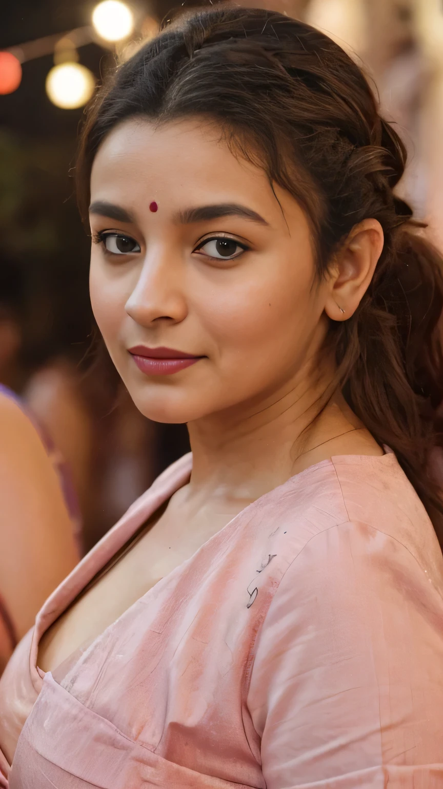 extreme close up photo of sexy indian, front view, curvy, full naked,big , in crowded temple, at night,lord ganesh in behind,people are watching her, colourful,high saturation, French braid hair