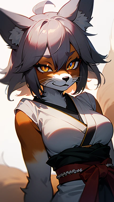 best quality,<lora:add_detail:0.3>, (1girl, solo, adult female, mature female), <lora:detailed_eyes:1>, <lora:concept_goodHands:1>,
<lora:concept_kitsuneAi:1>, (furry:1.2, fluffy fur:1.2), detailed fur, fox girl, fangs, claws, (body fur:1.4), fox ears, fox tail,
smug, smile, smirk, small breasts, grin,
<lora:character_rukiaBleach_v10:0.8>, black hair, purple eyes, (black kimono), cowboy shot, hands on hips,