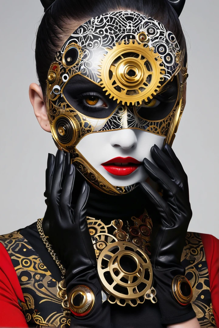 close-up portrait of a person's face and upper body. The person is wearing a red and black outfit with intricate designs and patterns on their face. The face is covered in black and white patterns, including gears, cogs, and other mechanical elements. The eyes are yellow and the nose is black. The mouth is also covered in white and black patterns, and the person's lips are painted black.

On the right side of the image, there is a pair of black gloves with gold accents. The gloves appear to be made of metal and have a futuristic design on them. On the left side, there are two hands holding a gun. The background is black with red and white geometric patterns. The overall effect is a striking and edgy look.
