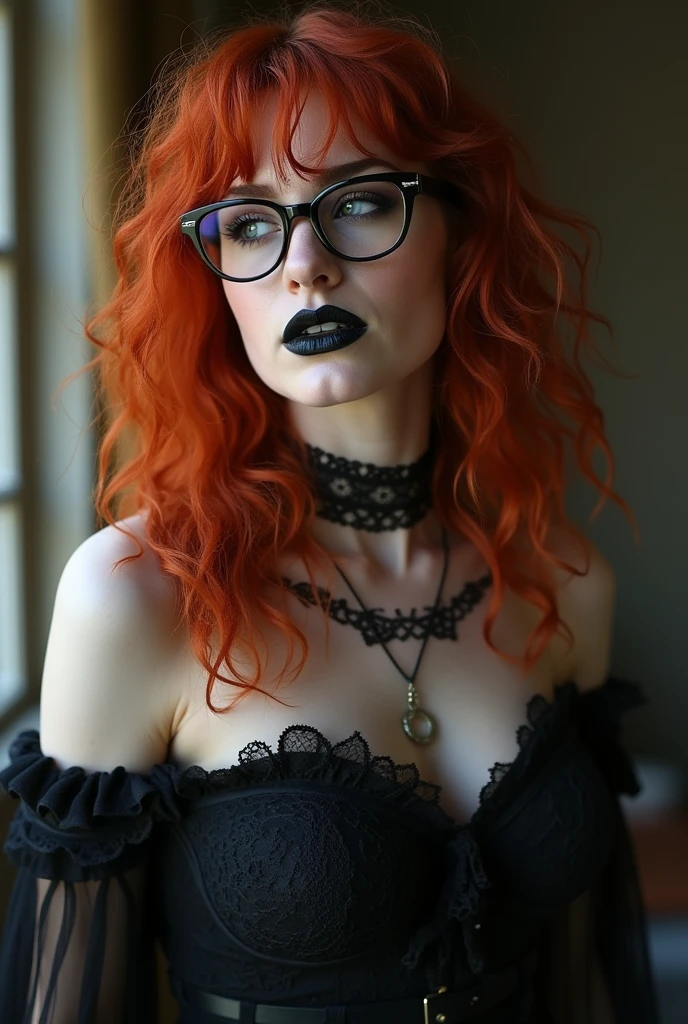(huge Laughing:0.5), (open mouth:0.4), (wide open eyes:1.2) masterpiece,high quality,4k , goth emo punk scene witch, dramatic makeup of an evil queen, thin round glasses, freckles, absolute babe, long unkempt wavy messy voluminous red hair flowing down her body, one large messy braid, ???? shoulder,, many Viking Tattoos on body and arms , slim;, beautiful shoulders and collarbone, jaw structure of someone who works out, wearing wide neck off-shoulder wool knit sweater-dress with ???? shoulders, green eyes, in a fancy ballroom of a fantasy castle, fantasy setting, busy ballroom party in a fantasy story, other party goers dancing and partying, night time on a snowy day, golden hour, ((extremely detailed face, mature intelligent gorgeous face)), stockings, wide ???? , expression of absolute love and adoration, a lot of jewelry, pretty eye makeup, gorgeous lips , a Viking princess, regal personality, oil painting style, big beautiful eyes looking intelligent looking at camera, 