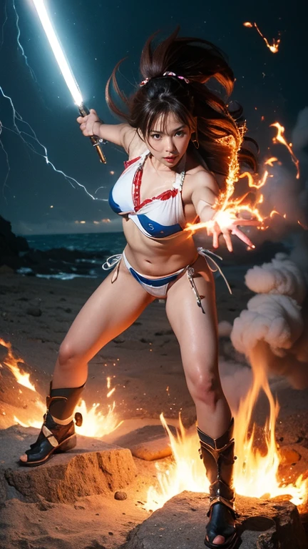 ((Highest quality、8k、masterpiece:1.3))、Realistic, Sharp focus, High resolution, High resolution,  alone, Full body photo、Japanese, Beautiful woman,Bikini Armor、Unleashing Power、Explosive Energy、thunder、Kamehameha