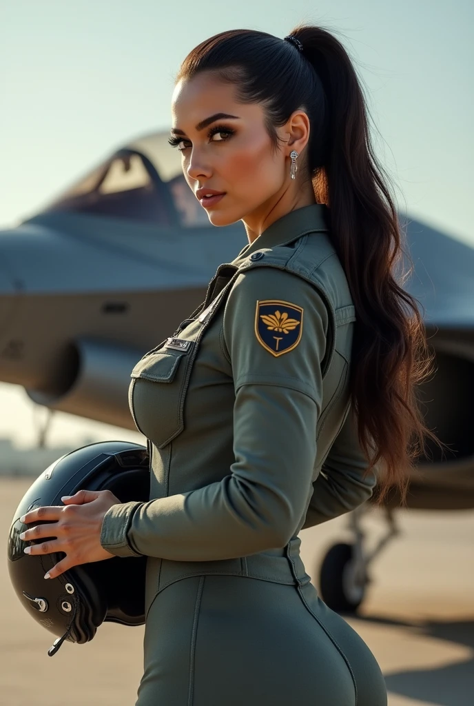 Pooja Hegde, as an airforce pilot, 26 years old , beautiful, fair, large breasts, heavy makeup, long eyelashes, eye mascara, (wearing an airforce uniform:1.2), logo on left breast, hair tied neatly, cleavage visible, standing on an airfield, a fighter aircraft in background, smiling, helmet in hand, front view, upper body image