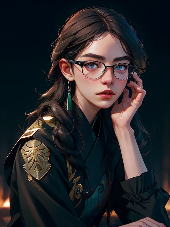 A young girl standing outside wearing glasses, in a black jacket, ((long hair)), inspired by Zou Zhe, tumblr, realism, Xintong Chen, around 1, Qichaowang, Huifenghuang, Zhe Long Xu, Xiao Fan Zhang, pengzhenzhang, zmonzheng, yihao ren, Zezhou Chen, (best quality,4k,8k,highres,masterpiece:1.2),ultra-detailed,(realistic,photorealistic,photo-realistic:1.37),extremely detailed eyes and face,beautiful detailed eyes,beautiful detailed lips,longeyelashes,natural lighting,warm colors,intricate details,highly detailed,digital painting,cinematic lighting,dramatic compositionAnatomicamente correto, Alta resolução, Obra-prima, Melhor qualidade, Preciso, Detalhes altos, Alta qualidade, 