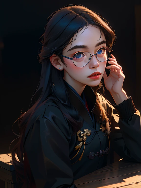 A young girl standing outside wearing glasses, in a black jacket, ((long hair)), inspired by Zou Zhe, tumblr, realism, Xintong Chen, around 1, Qichaowang, Huifenghuang, Zhe Long Xu, Xiao Fan Zhang, pengzhenzhang, zmonzheng, yihao ren, Zezhou Chen, (best quality,4k,8k,highres,masterpiece:1.2),ultra-detailed,(realistic,photorealistic,photo-realistic:1.37),extremely detailed eyes and face,beautiful detailed eyes,beautiful detailed lips,longeyelashes,natural lighting,warm colors,intricate details,highly detailed,digital painting,cinematic lighting,dramatic compositionAnatomicamente correto, Alta resolução, Obra-prima, Melhor qualidade, Preciso, Detalhes altos, Alta qualidade, 