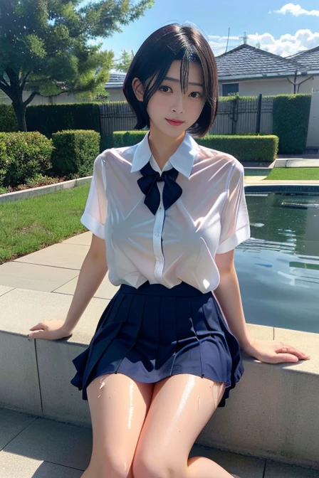 Japan  girl、mini skirt、in the swiming pool、17 yeastic，blue sky,japanaese girl，Phenomenally cute,short-hair,(big breasts:1.35),shinny skin,shining legs、(beautiful legs focus:1.2),(tight white shirt:1.2),(collared shirt),(unbuttoned),short sleeves, (pleated skirt), (white panties),outdoors, blue skirt, realistic, (plump body),standing,(skirt lift),(llift skirt by self:1.1),