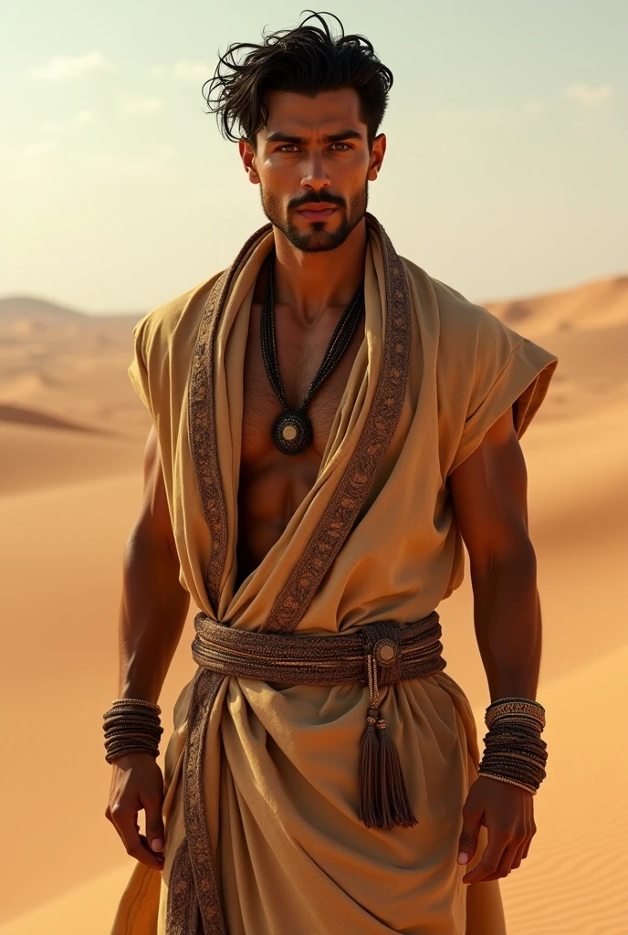 An illustrated movie poster, hand-drawn, full color, a male ranger, 38 years-old, resembles Jamie Dornan, wearing a leather cuirass and a shemagh scarf, sun-tanned skin, stocky physique, deep brown eyes, wide bulbous nose, black hair, curly hair, thick bushy eyebrows, extremely hairy chest, stomach, and arms, lots of body hair, posing in a desert oasis, hard shadows, graphite shading, stencil markings, airbrushed acrylic paint, masterpiece, in the style of Lord of the Rings 