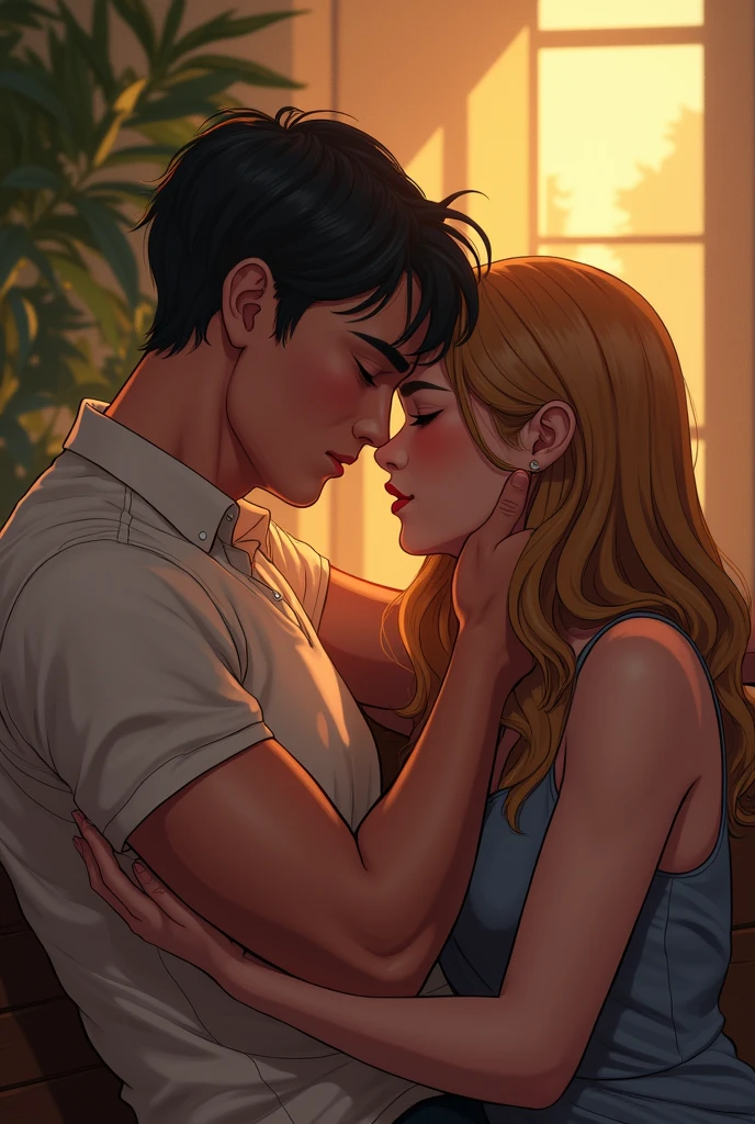 digital art, western artstyle, 21 years old angry man lying on the couch with a smart phone in his hands, angry women grabing smartphone out of his hands,messy blonde hair, fit tall women, 20 years old woman, deep green eyes, anime beautiful face, musculatupony tail haircut. deep brown hair, she is weariing informal full dress, digital art, best quality, 8k, award winning, super detail, masterpiece, UHD, she see his face , anime boy