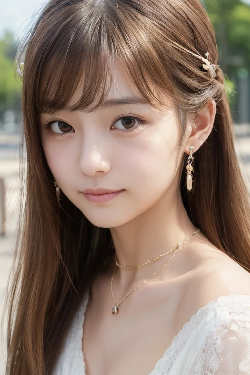 1girl, 16 years old, Cute clothes, slim and slender physique, Skin is detailed and very detailed eyes, high detailed skin texture, Has a Slender Necklace, Colorful dress with colorful hair