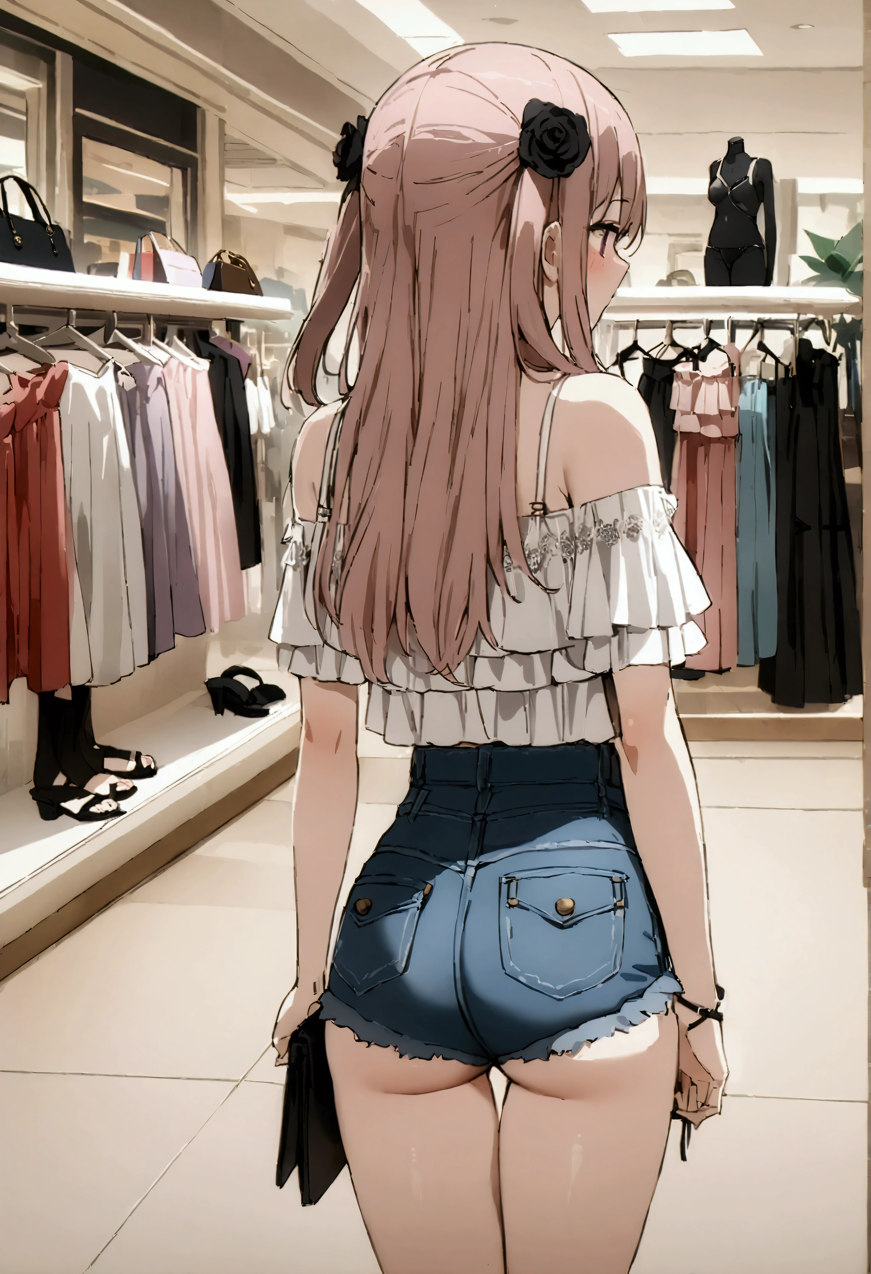 NSFW,masterpiece,Highest quality,High resolution,Very detailed,Dried gauze leaves\(The Doll Falls in Love),Pink Hair、Long Hair、Lavender eyes,Two Side Up、Hair Flowers、Black Rose,Frilled shirt,Off the shoulder,Denim shorts,High-leg denim,Heeled Sandals,Shoulder bag,Shopping mall,Lingerie Shop,Underwear section,Back view,From behind